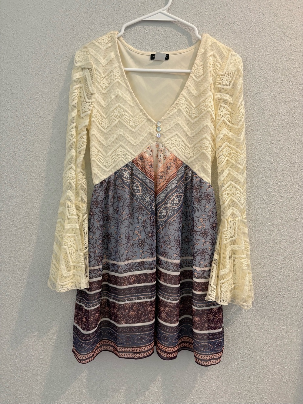 Venus Boho Lace Dress in Cream and Blue (size XS)